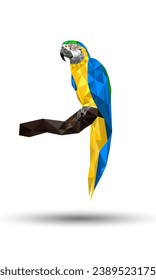 Polygon drawing macaw Parrot on a branch with isolated white background
