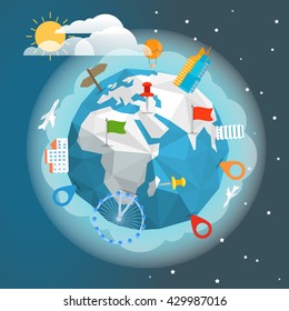 Polygon Earth with different pins and buildings
