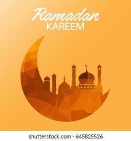 Polygon Eid mubarak with mosque and crescent moon on bokeh .Vecto illustration eps10.
