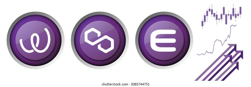 Polygon, Energy Web Token and Enjin icon logo with crypto currency trading graph background design. EWT, Matic and ENJ project over modern purple neon color circle banner. Violet Cryptocurrency vector