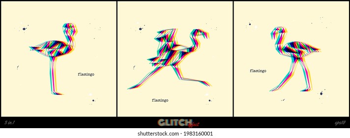 Polygon flamingo. Glitch geometric animal set. Low poly logo icon