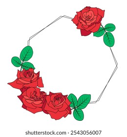 Polygon floral frame. Simple geometric shape with rose bouquet. Wide open roses and leaves. Cartoon style color layers, red, pink, green, black contour. Design element for Valentines, wedding