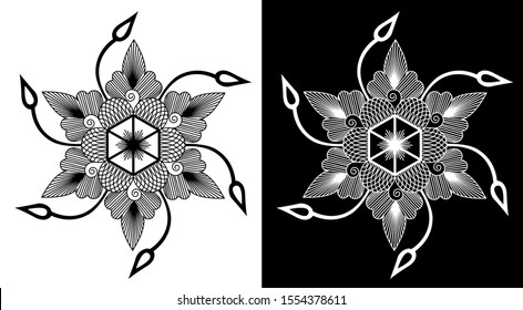 Polygon, flower petals and spirals - Indian Traditional and Cultural Rangoli, Alpona, Kolam or Paisley vector line art with black and white background
