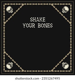 Polygon frame made of bones, half human skull. Layout, template with copy space, copy text. For Halloween, Dia de los Muertos holiday decoration. Gothic vintage style.