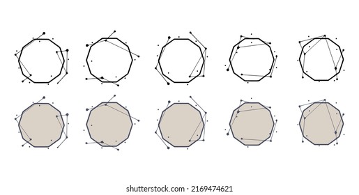 Polygongeometrischer Rahmen im handgezeichneten Stil. Abstrakte Vorlagen für Titel oder Inschriften, Satz von Formen aus Linien und Punkten.