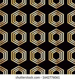 Polygon geometric pattern in gold color on a black background, abstraction, stock vector illustration for design and decor, wrapping paper, fabrics, banners, retro style, glamor