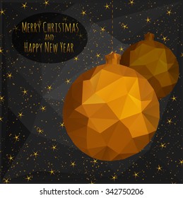 Polygon gold ball isolated on a gray background. Christmas decorations in origami style. Sample greeting cards. Vector.