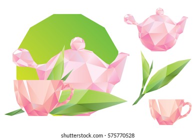Polygon green tea leaf, polygon pink teacup and kettle, set
