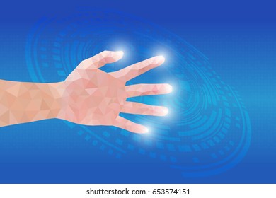Polygon hand with blue technology graphic background