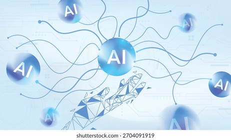 Polygon hand connecting with glowing AI spheres and data network lines, representing human and artificial intelligence collaboration in futuristic digital technology concept.
