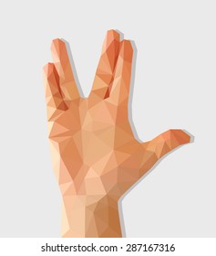 polygon hand raised with palm forward divorced middle and ring finger and thumb extended.