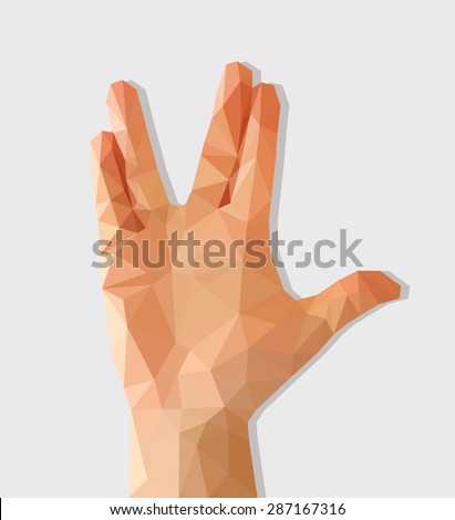 polygon hand raised with palm forward divorced middle and ring finger and thumb extended.