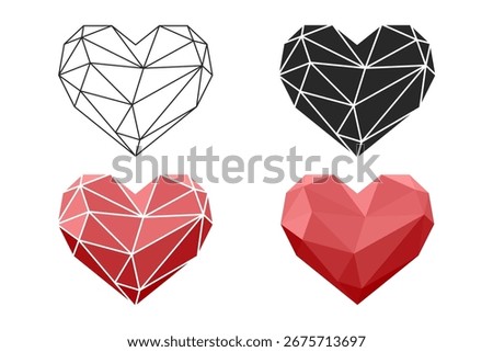 Polygon heart set, low poly geometric love symbol illustration
