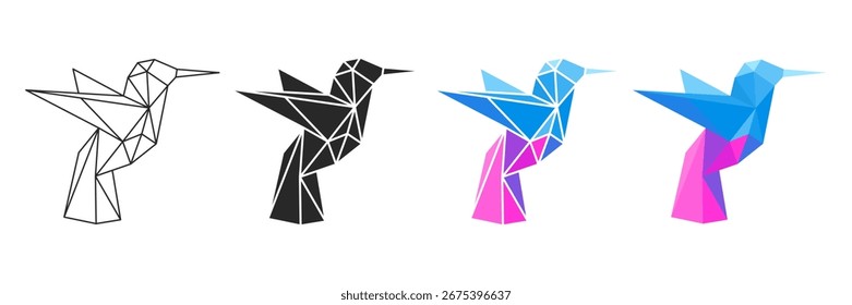 Conjunto de colibrí polígono, ilustración de pájaro geométrico de bajo poli en diferentes estilos