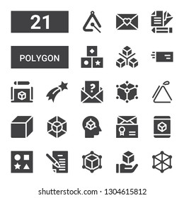 polygon icon set. Collection of 21 filled polygon icons included Cube, Letter, Shapes, Triangle, Shooting star