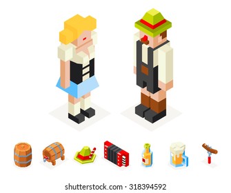 Polygon icons set Oktoberfest isometric 3d  man woman beer keg accordion cap foam sausage fork glass vector illustration