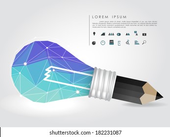 polygon idea light bulb and pencil with business icon vector
