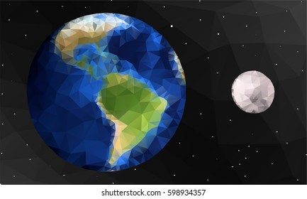 Polygon illustration of the earth and the moon surrounded by tiny stars, vector illustration