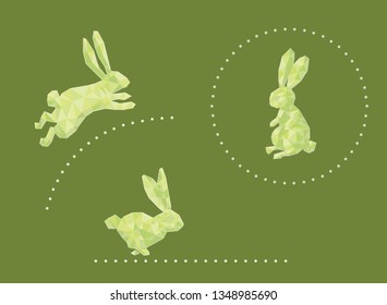 Polygon illustration: jumping rabbit, sitting rabbit, running rabbit. Vector.