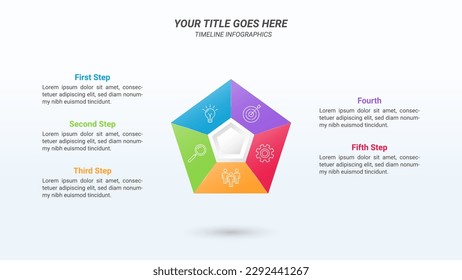 Polygon Infographics with Five Steps and Business Icons on a 16:9 Ratio Layout for Business Advantages and Disadvantages, Business Goals, Business Reports, and Website Design.