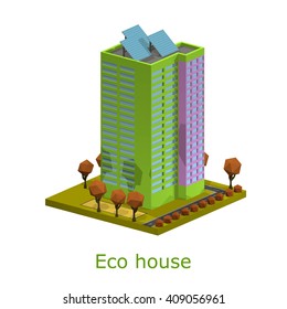 Polygon isometric multi-storey building. Residential house on a white background. 
Vector illustration of an apartment building with trees, shrubs, highway. Icon isometric house with solar panels