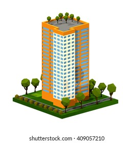 Polygon isometric multi-storey building. Residential house on a white background. Isometric style. Vector illustration of an apartment building with trees, shrubs, highway. Icon isometric house. 