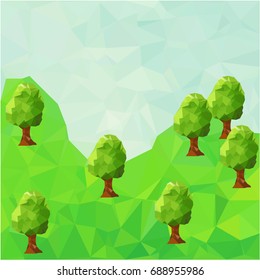 Polygon landscape with blue sky, mountain and forest