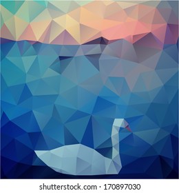 Polygon landscape with swan on lace in sunset