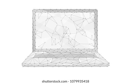Polygon laptop with blockchain technology peer to peer network isolated on white background. Network, e-commerce, bitcoin and global cryptocurrency blockchain business banner concept. Low poly design.