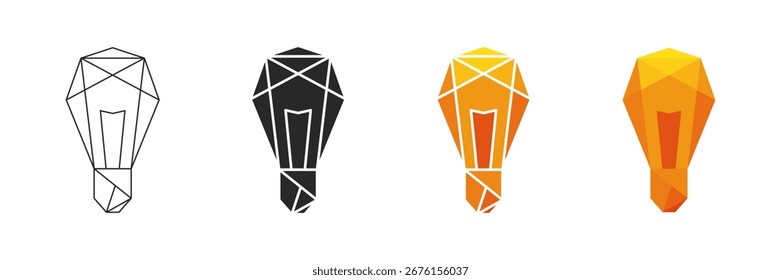 Conjunto de bombillas de polígono, ilustración geométrica de lámpara de polietileno baja en línea, estilo negro, degradado y colorido
