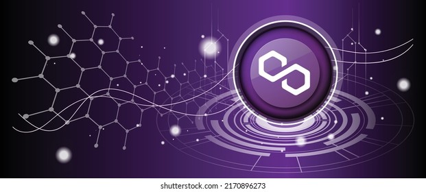 Logo de polígono con diseño de fondo negro de círculo con temática criptodivisa. Banner de color violeta de neón violeta moderno para el icono de Matic. Concepto de criptodivisa de polígono Tecnología Ethereum Blockchain.