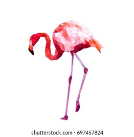 Polygon, low poly style flamingo on white background