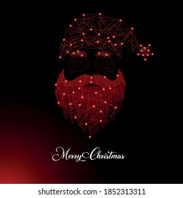 Polygon magic santa claus isolated on neon red background. Red low poly vector illustration with merry christmas text and santa beard. Digital images consist of lines, dots, and destruction patterns.