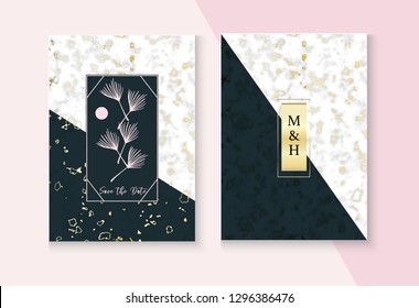 Polygon Marble Wedding Invitation Vector Set. Marbling Texture, Pink, Grey, White Invitation Card. RSVP, Thank You Card, Trendy Design or Poster. Noble Soft Faded Nice Graphic Marble Wedding Kit