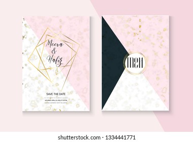 Polygon Marble Wedding Invitation Vector Set. RSVP, Thank You Card, Simple Design or Poster. Noble Soft Faded Nice Marbling Texture, Pink, Grey, White Invitation Card. Luxury Marble Wedding Kit