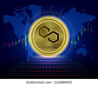 Polygon (MATIC) coin. 3D Vector illustration. Cryptocurrency blockchain (crypto currency) Future digital replacement technology. Silver golden virtual currency growth share chart is background.