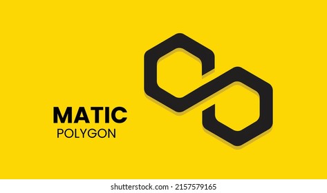 Polígono Moneda de moneda estática criptodivisa logotipo 3d aislado en fondo amarillo con espacio de copia. ilustración vectorial del concepto de diseño de banner de Matic.