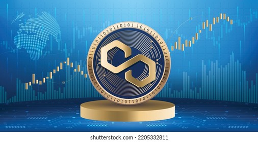 Polygon MATIC crypto currency coin logo and symbol over financial infographic background. Futuristic technology vector illustration banner and wallpaper 