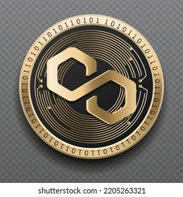 Polygon (MATIC) cryptocurrency golden coin isolated in transparent background. Virtual currency token symbol vector illustration based on cryptography and block chain technology.