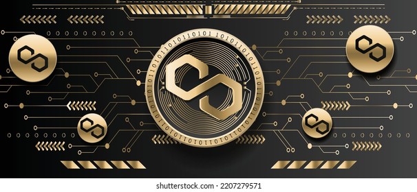 Polygon MATIC cryptocurrency golden coin on futuristic technology background vector illustration banner and wallpaper template 