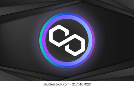 Polygon Matic cryptocurrency logo. Electronic money. Background of virtual money. Modern neon color banner. Cryptocurrency Blockchain technology concept.