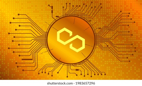 Polygon MATIC cryptocurrency token symbol of in circle with PCB tracks on gold background. Currency coin icon. Vector illustration.