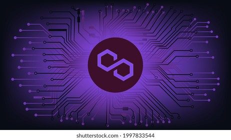 Polygon MATIC cryptocurrency token symbol in circle on abstract digital background with pcb tracks. Currency coin icon. Vector illustration.