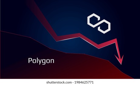 Polygon MATIC in downtrend and price falls down. Cryptocurrency coin symbol and red down arrow. Crushed and fell down. Cryptocurrency trading crisis and crash. Vector illustration.