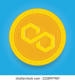 Polygon MATIC golden coin isolated on blue background. Cryptocurrency vector illustration eps 10 template.