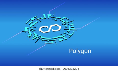 Polygon MATIC isometric token symbol in digital circle on blue background. Cryptocurrency coin icon. Decentralized finance programs. Vector illustration.