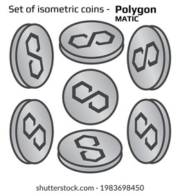 Polygon MATIC set of simple coins in isometric view in black and white isolated on white. Vector illustration.