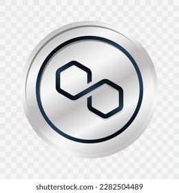 Signo de Mática de polígono. Ilustración vectorial aislada. Tecnología de cadena de bloqueo, símbolo cripto de moneda. Icono de dinero virtual para negocios, finanzas, comercio global, pago. Ilustración de moneda de plata