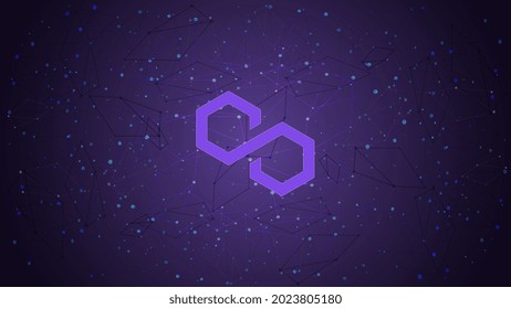 Polygon MATIC token symbol cryptocurrency theme on purple polygonal background. Cryptocurrency coin logo icon. Vector illustration.