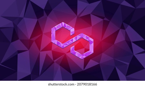 Símbolo de símbolo MÁTICO de polígono criptodivisa en fondo poligonal morado oscuro. Icono de logotipo de moneda de criptografía.